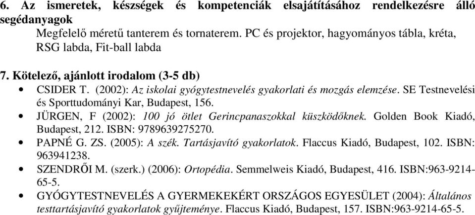 SE Testnevelési és Sporttudományi Kar, Budapest, 156. JÜRGEN, F (2002): 100 jó ötlet Gerincpanaszokkal küszködőknek. Golden Book Kiadó, Budapest, 212. ISBN: 9789639275270. PAPNÉ G. ZS. (2005): A szék.