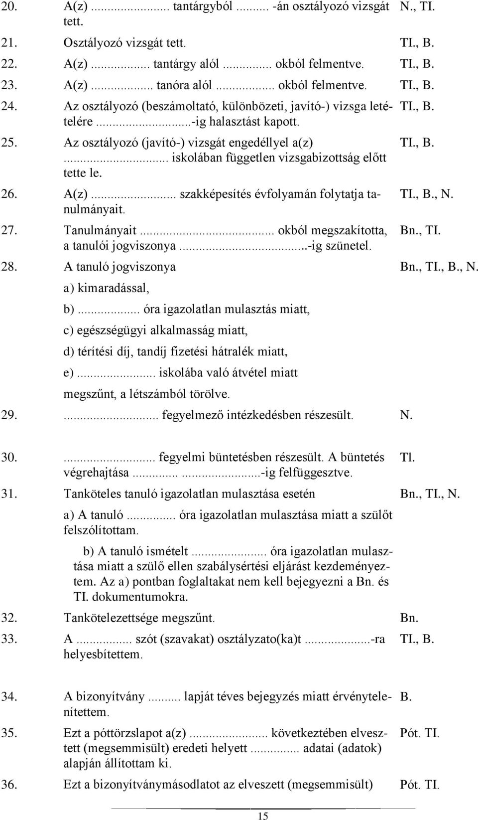 26. A(z)... szakképesítés évfolyamán folytatja tanulmányait. 27. Tanulmányait... okból megszakította, a tanulói jogviszonya...-ig szünetel. TI., B. TI., B. TI., B., N. Bn., TI. 28.