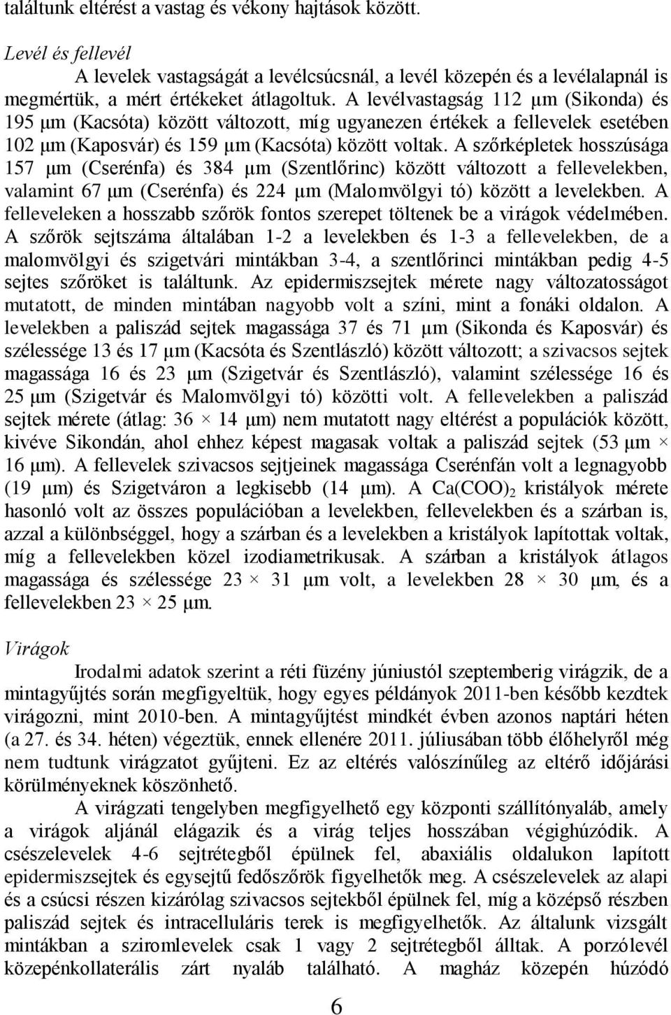 A szőrképletek hosszúsága 157 μm (Cserénfa) és 384 μm (Szentlőrinc) között változott a fellevelekben, valamint 67 μm (Cserénfa) és 224 μm (Malomvölgyi tó) között a levelekben.