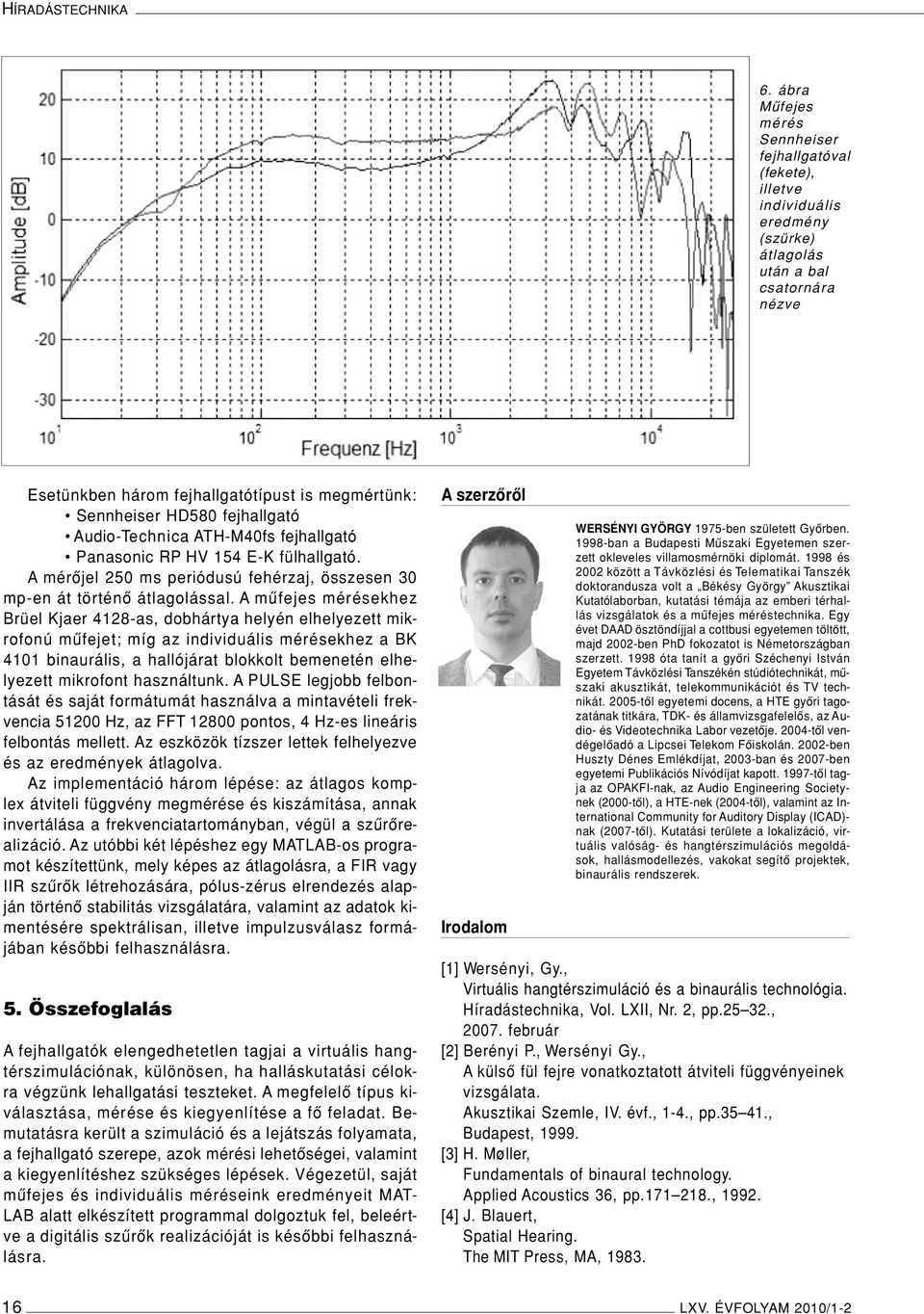 fejhallgató Audio-Technica ATH-M40fs fejhallgató Panasonic RP HV 154 E-K fülhallgató. A mérôjel 250 ms periódusú fehérzaj, összesen 30 mp-en át történô átlagolással.