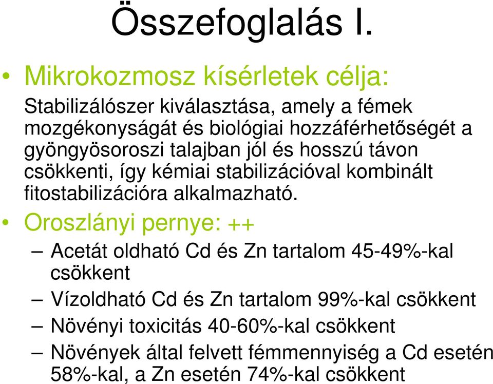 gyöngyösoroszi talajban jól és hosszú távon csökkenti, így kémiai stabilizációval kombinált fitostabilizációra alkalmazható.