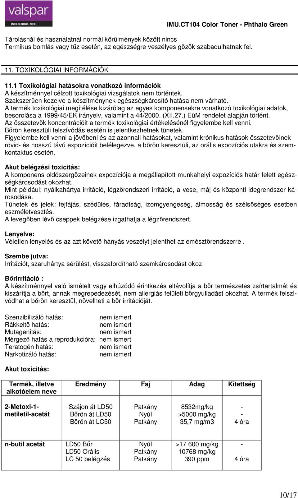 A termék toxikológiai megítélése kizárólag az egyes komponensekre vonatkozó toxikológiai adatok, besorolása a 1999/45/EK irányelv, valamint a 44/2000. (XII.27.) EüM rendelet alapján történt.