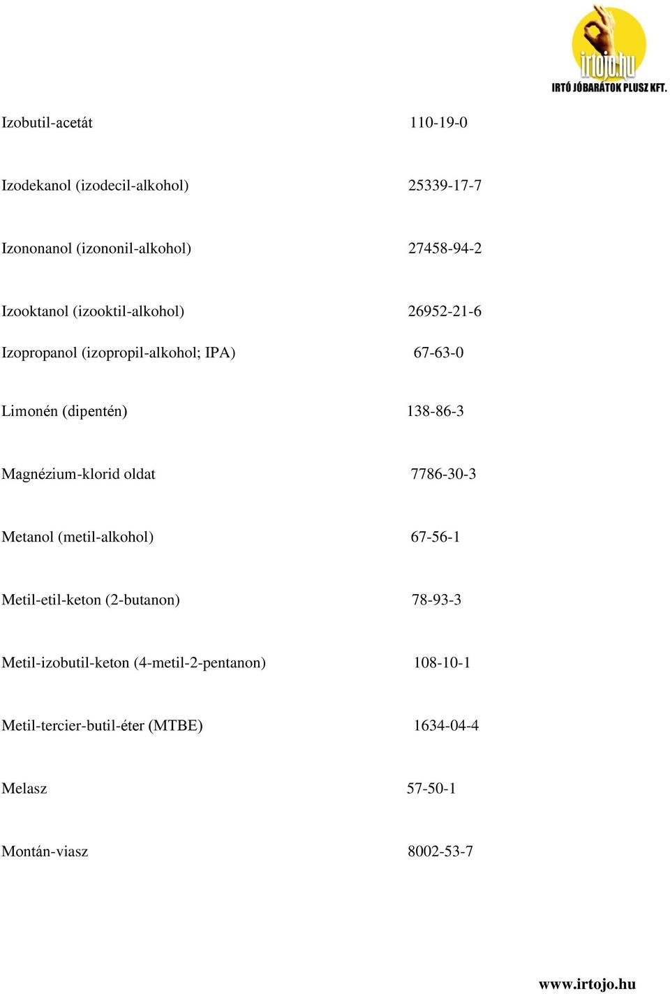Magnézium-klorid oldat 7786-30-3 Metanol (metil-alkohol) 67-56-1 Metil-etil-keton (2-butanon) 78-93-3
