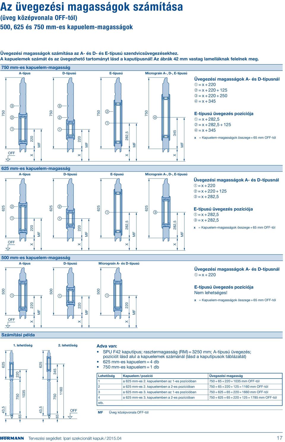 750 mm-es kapuelem-magasság -típus D-típusú E-típusú Micrograin -, D-, E-típusú Üvegezési magasságok - és D-típusnál ➀ = x + 220 ➁ = x + 220 + 125 ➂ = x + 220 + 250 ➃ = x + 45 750 220 750 220 M M M