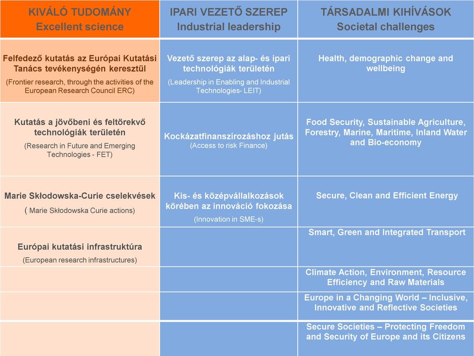 demographic change and wellbeing Kutatás a jövőbeni és feltörekvő technológiák területén (Research in Future and Emerging Technologies - FET) Kockázatfinanszírozáshoz jutás (Access to risk Finance)