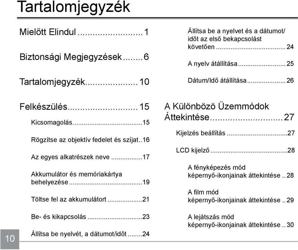 ..17 Akkumulátor és memóriakártya behelyezése...19 Töltse fel az akkumulátort...21 Be- és kikapcsolás...23 Állítsa be nyelvét, a dátumot/időt.