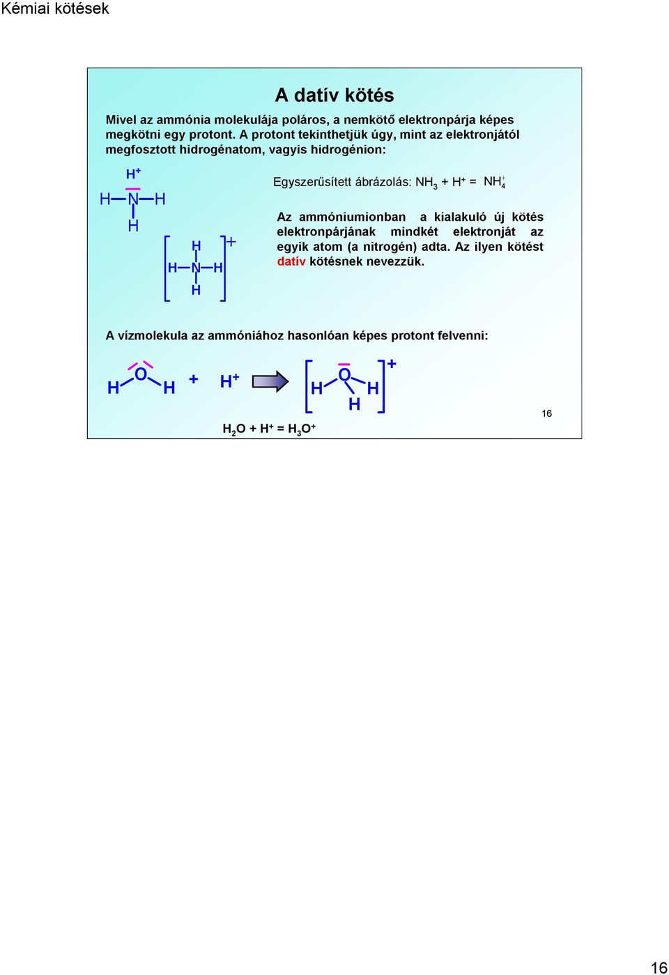 ábrázolás: N 3 + + = N 4 Az ammóniumionban a kialakuló új kötés elektronpárjának mindkét elektronját az egyik atom (a