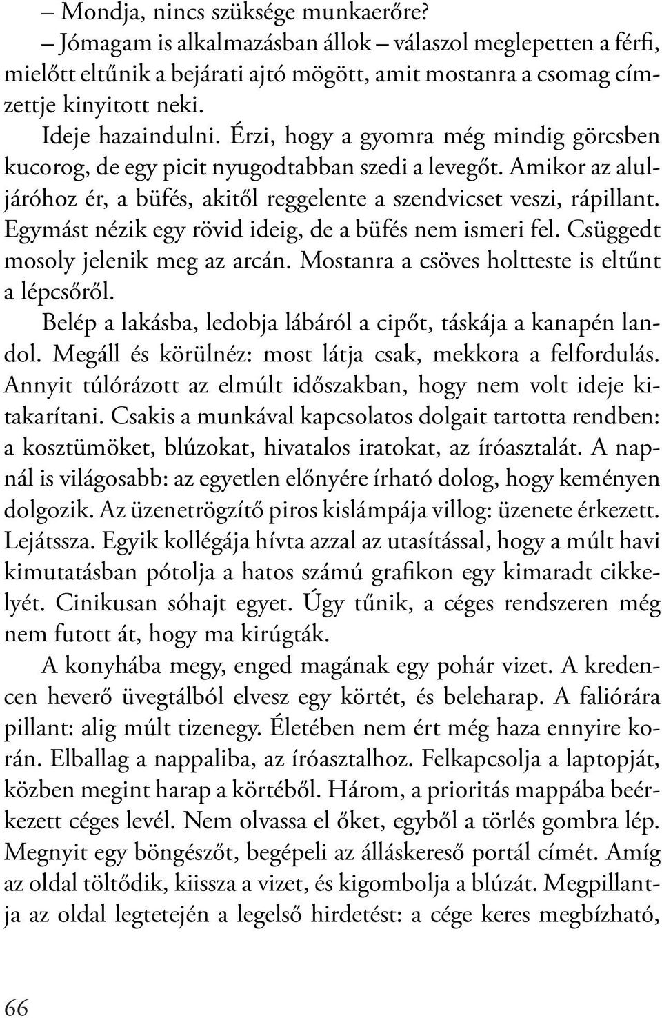 Egymást nézik egy rövid ideig, de a büfés nem ismeri fel. Csüggedt mosoly jelenik meg az arcán. Mostanra a csöves holtteste is eltűnt a lépcsőről.