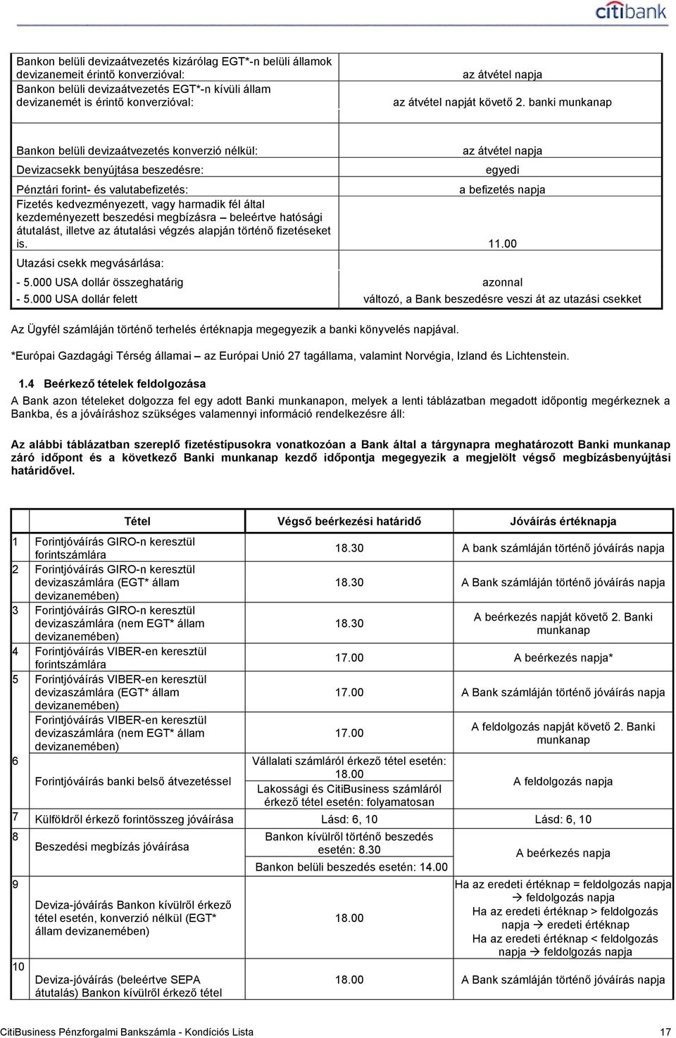 banki munkanap Bankon belüli devizaátvezetés konverzió nélkül: Devizacsekk benyújtása beszedésre: az átvétel napja egyedi Pénztári forint- és valutabefizetés: a befizetés napja Fizetés