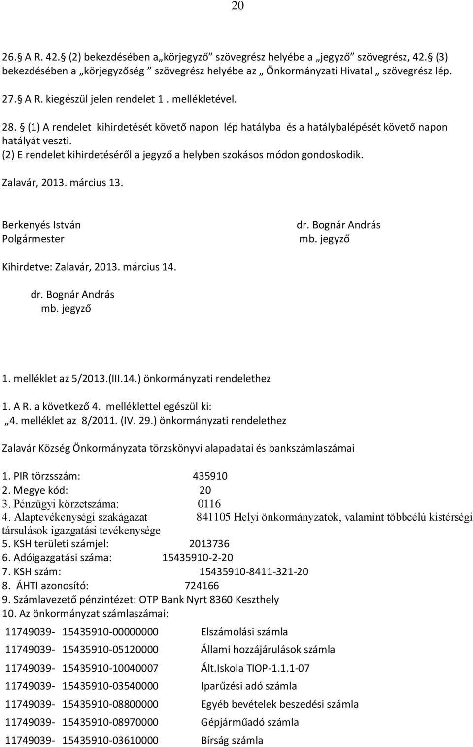 Zalavár, 2013. március 13. Berkenyés István Polgármester dr. Bognár András mb. jegyző Kihirdetve: Zalavár, 2013. március 14. dr. Bognár András mb. jegyző 1. melléklet az 5/2013.(III.14.) önkormányzati rendelethez 1.