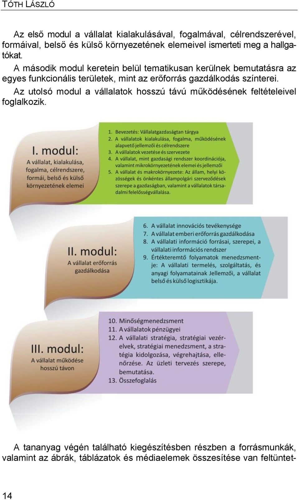 A második modul keretein belül tematikusan kerülnek bemutatásra az egyes funkcionális területek, mint az erőforrás gazdálkodás