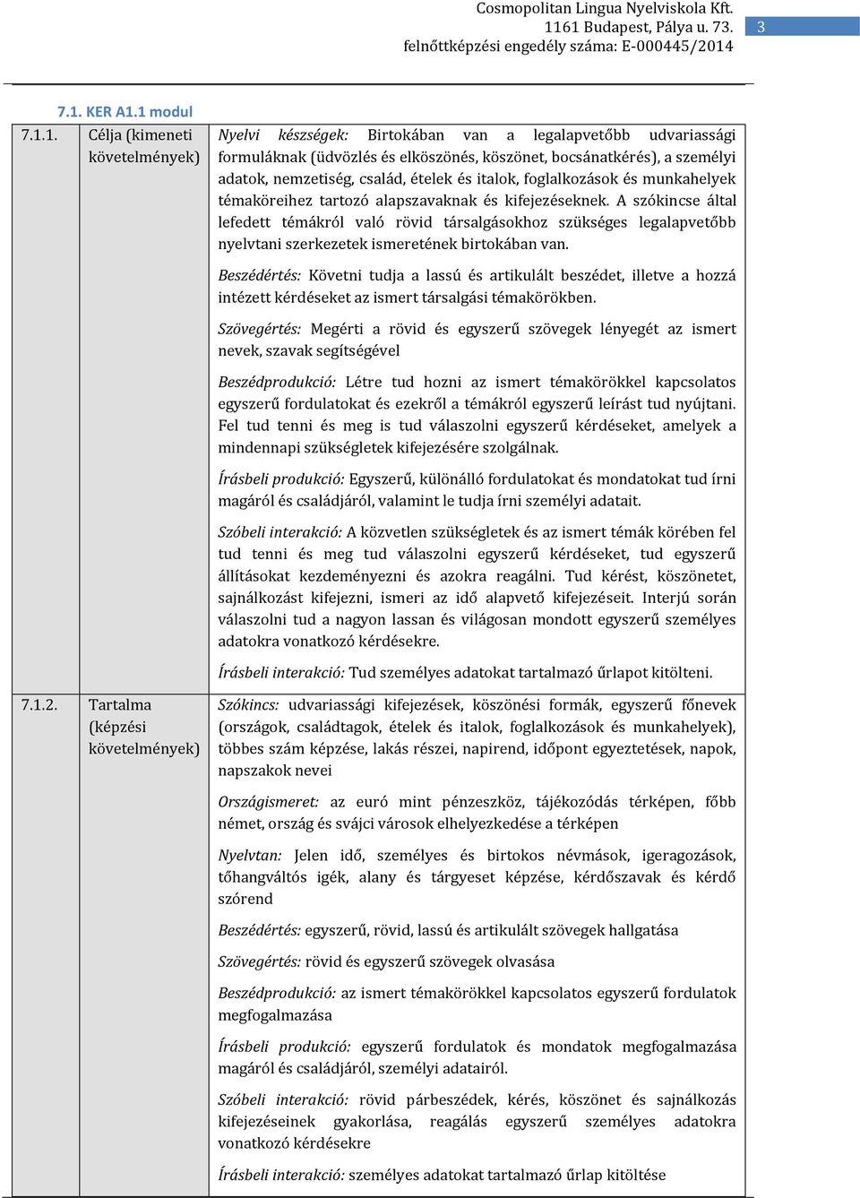 1 modul 7.1.1. Célja (kimeneti Nyelvi készségek: Birtokában van a legalapvetőbb udvariassági formuláknak (üdvözlés és elköszönés, köszönet, bocsánatkérés), a személyi adatok, nemzetiség, család,