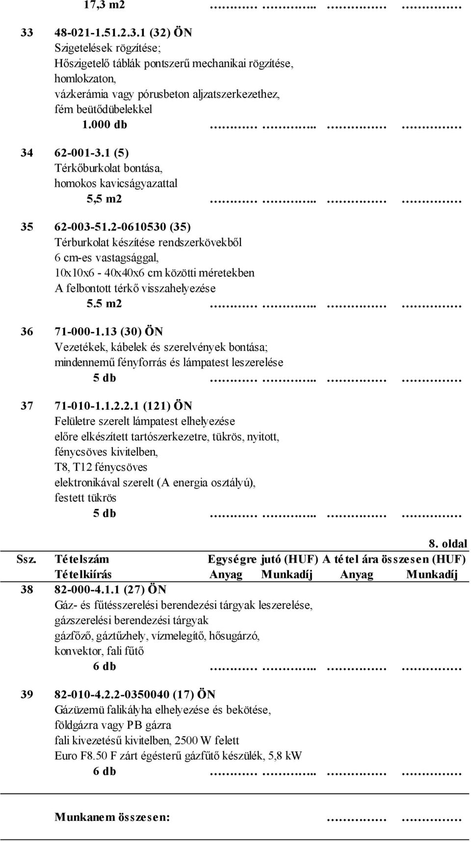 2-0610530 (35) Térburkolat készítése rendszerkövekből 6 cm-es vastagsággal, 10x10x6-40x40x6 cm közötti méretekben A felbontott térkő visszahelyezése 5.5 m2 36 71-000-1.