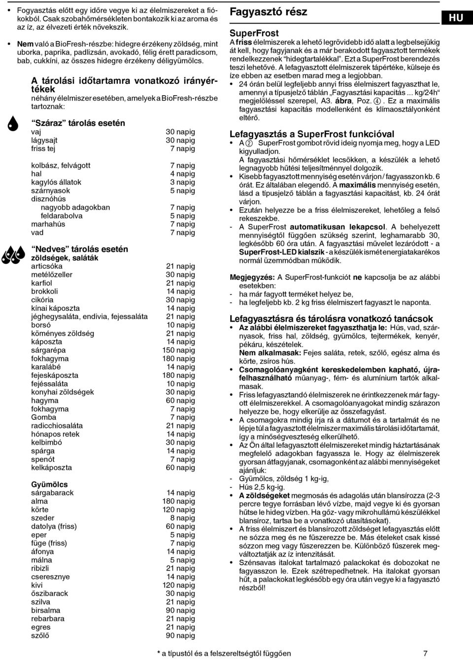 A tárolási időtartamra vonatkozó irányértékek néhány élelmiszer esetében, amelyek a BioFresh-részbe tartoznak: Száraz tárolás esetén vaj lágysajt friss tej kolbász, felvágott hal kagylós állatok