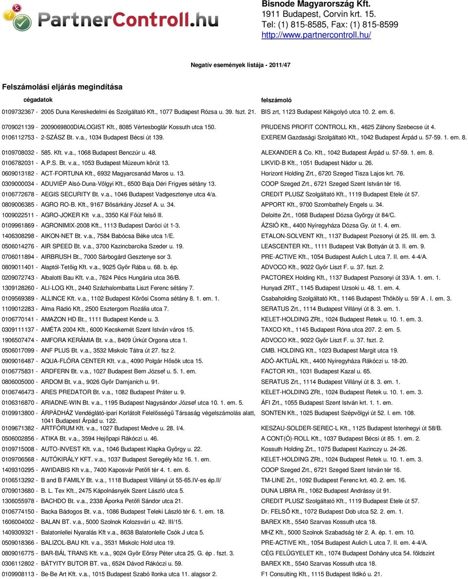 BIS zrt, 1123 Budapest Kékgolyó utca 10. 2. em. 6. 0709021139-2009069800DIALOGIST Kft., 8085 Vértesboglár Kossuth utca 150. PRUDENS PROFIT CONTROLL Kft., 4625 Záhony Szebecse út 4.