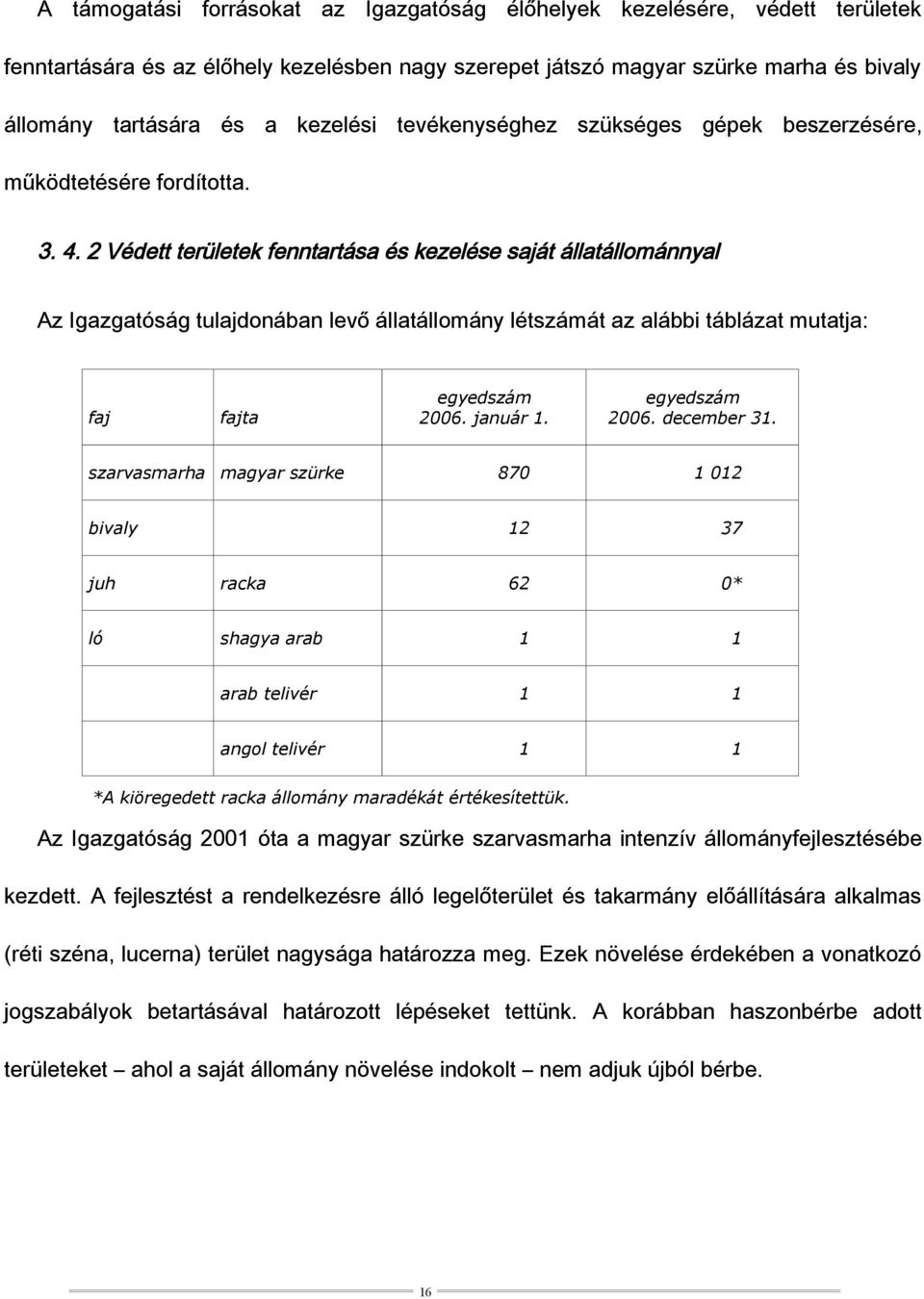 2 Védett területek fenntartása és kezelése saját állatállománnyal Az Igazgatóság tulajdonában levő állatállomány létszámát az alábbi táblázat mutatja: faj fajta egyedszám 2006. január 1.