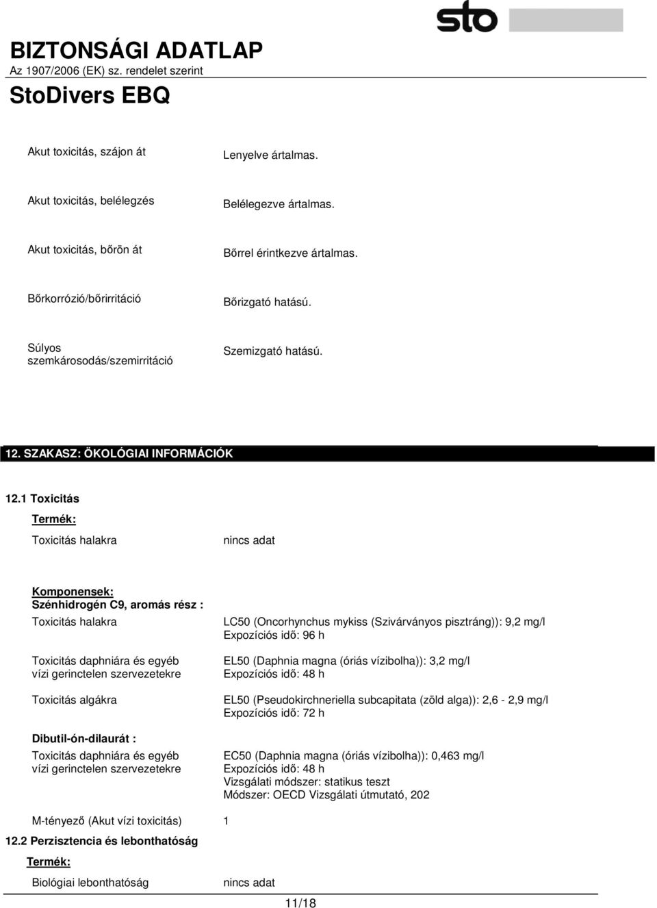 1 Toxicitás Termék: Toxicitás halakra Komponensek: Szénhidrogén C9, aromás rész : Toxicitás halakra Toxicitás daphniára és egyéb vízi gerinctelen szervezetekre Toxicitás algákra Dibutil-ón-dilaurát :