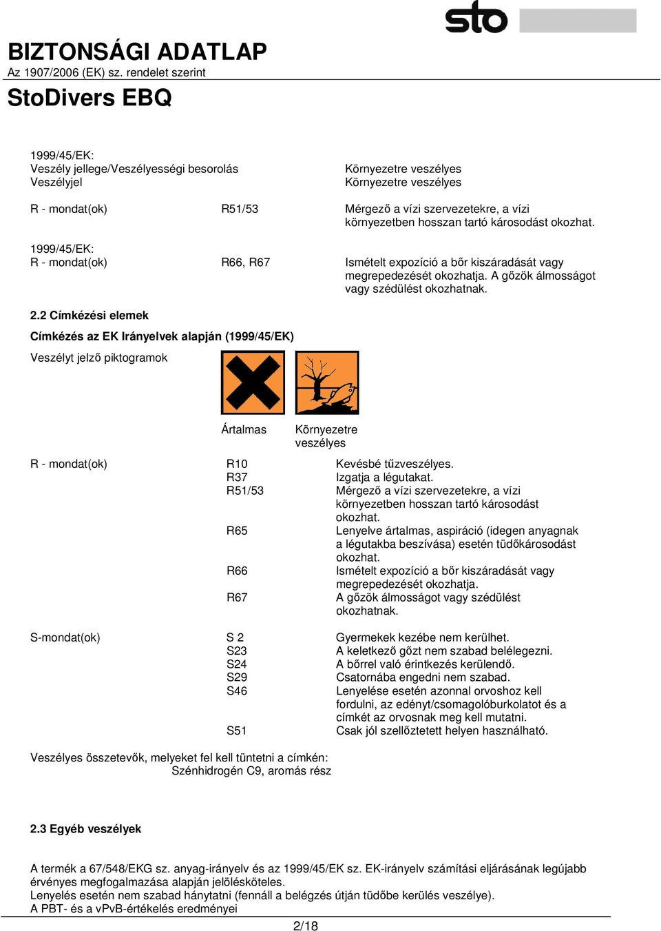 2 Címkézési elemek Címkézés az EK Irányelvek alapján (1999/45/EK) Veszélyt jelzı piktogramok Ártalmas Környezetre veszélyes R - mondat(ok) R10 Kevésbé tőzveszélyes. R37 Izgatja a légutakat.