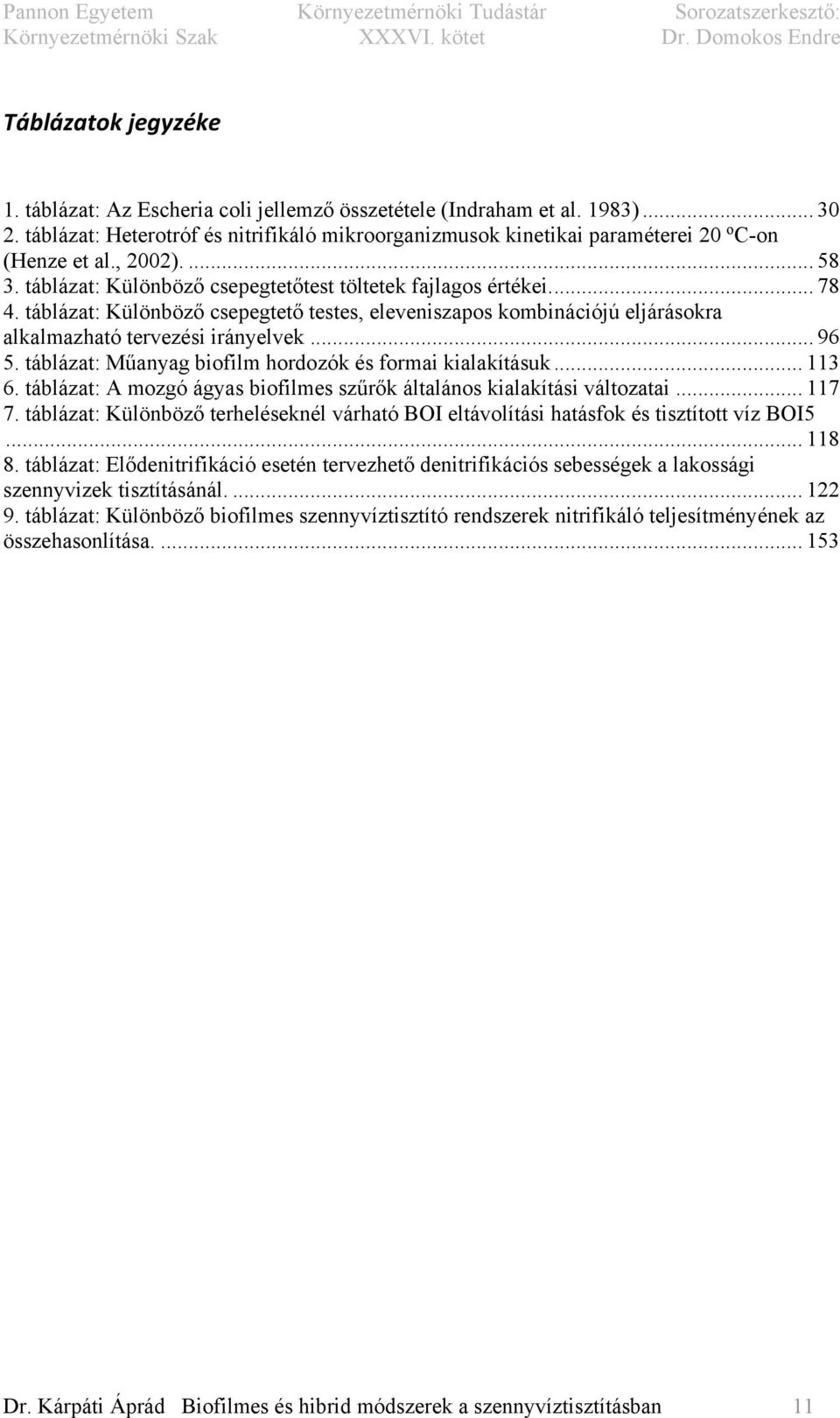 táblázat: Különböző csepegtető testes, eleveniszapos kombinációjú eljárásokra alkalmazható tervezési irányelvek... 96 5. táblázat: Műanyag biofilm hordozók és formai kialakításuk... 113 6.