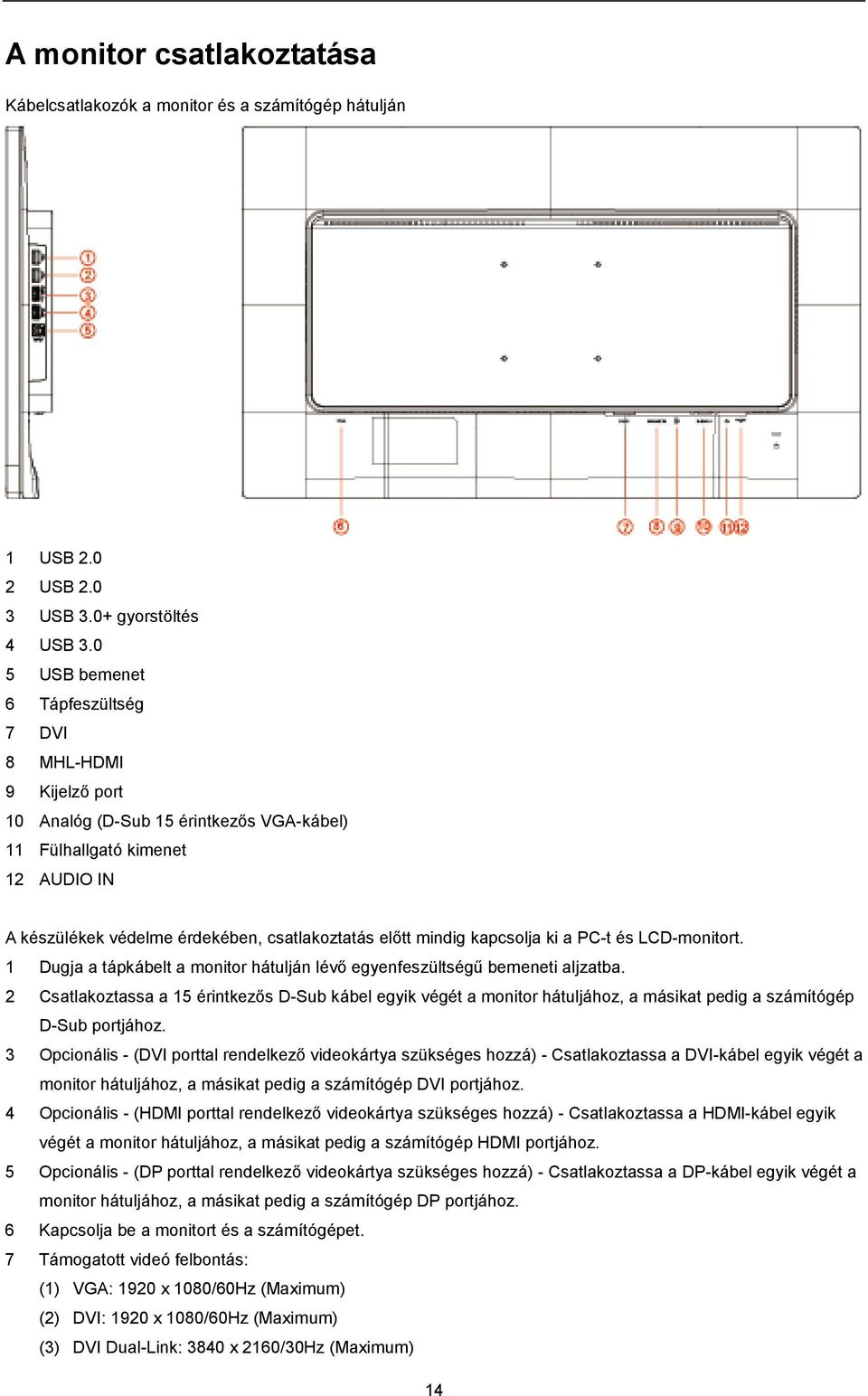 mindig kapcsolja ki a PC-t és LCD-monitort. 1 Dugja a tápkábelt a monitor hátulján lévő egyenfeszültségű bemeneti aljzatba.