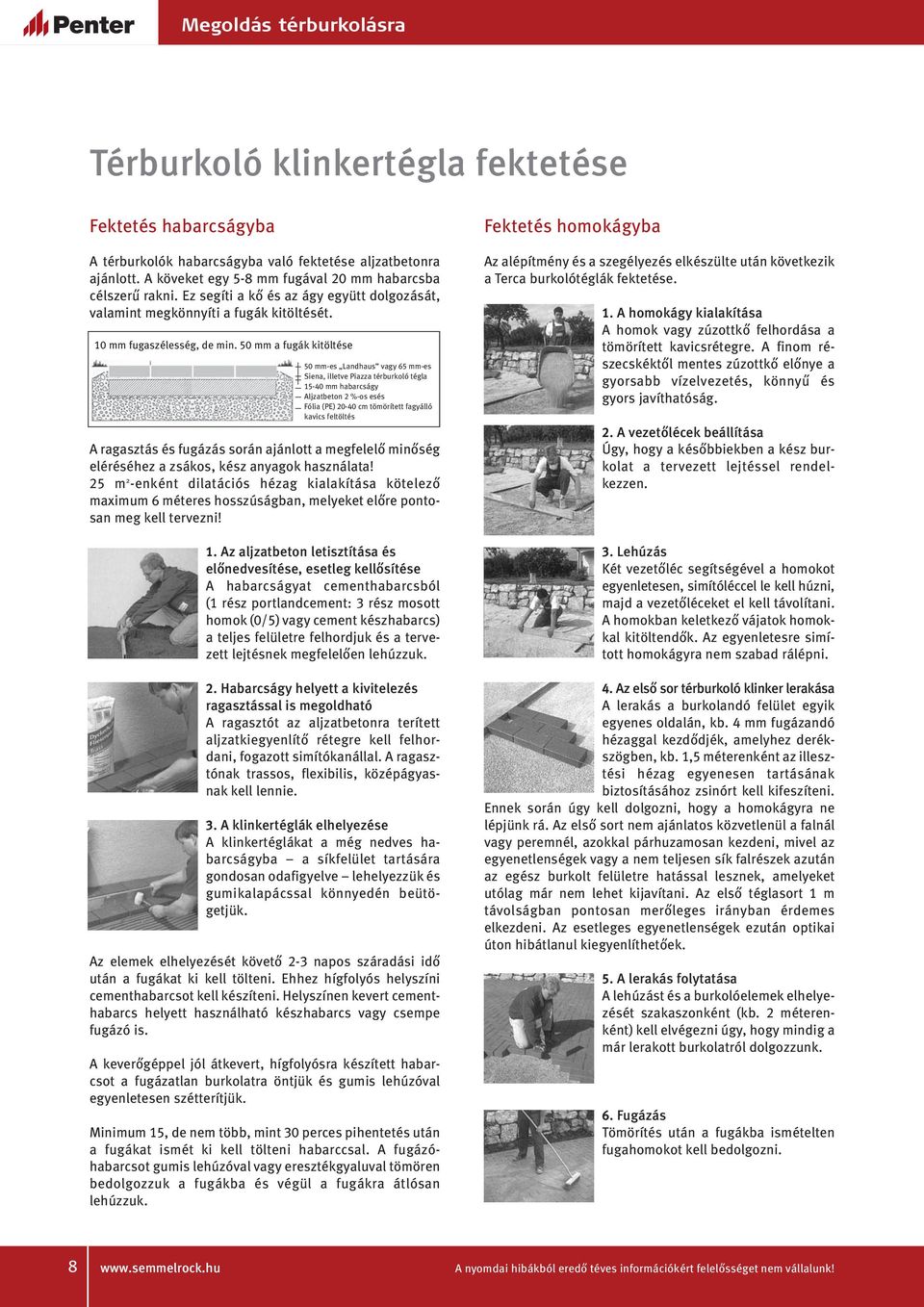 50 mm a fugák kitöltése 50 mm-es Landhaus vagy 65 mm-es Siena, illetve Piazza térburkoló tégla 5-40 mm habarcságy Aljzatbeton 2 %-os esés Fólia (PE) 20-40 cm tömörített fagyálló kavics feltöltés A