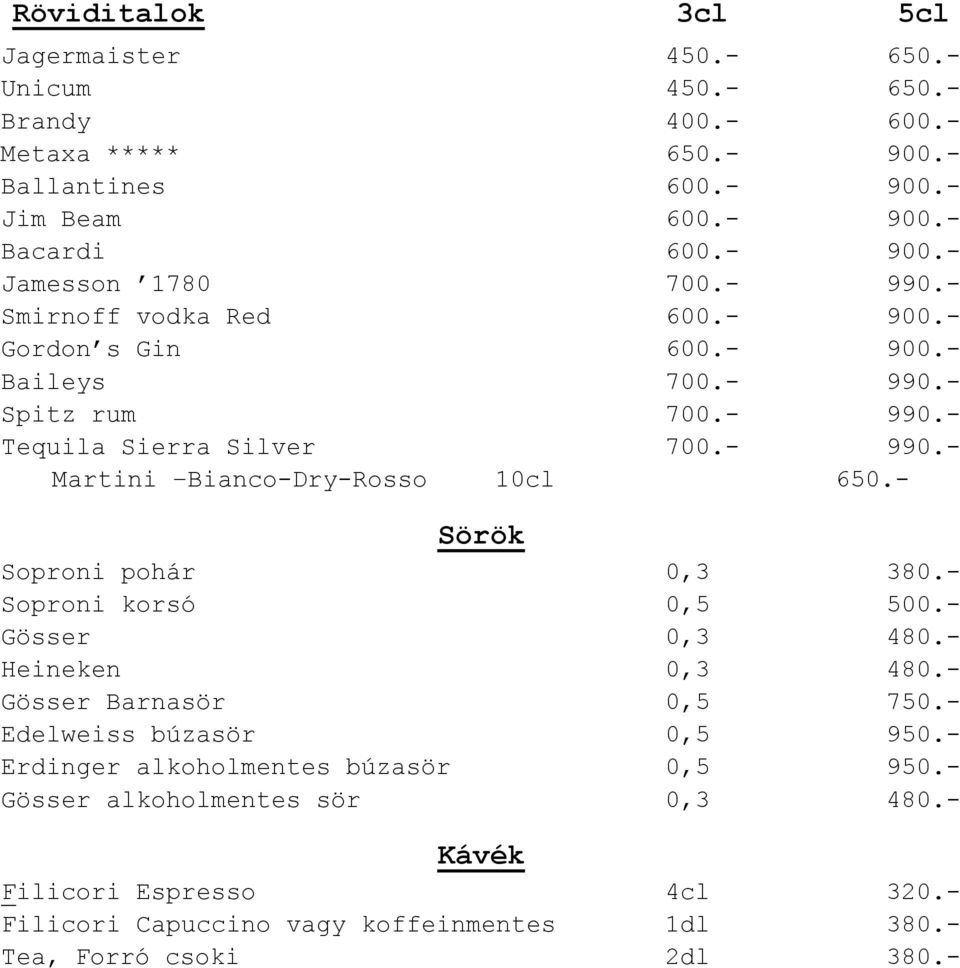 - Sörök Soproni pohár 0,3 380.- Soproni korsó 0,5 500.- Gösser 0,3 480.- Heineken 0,3 480.- Gösser Barnasör 0,5 750.- Edelweiss búzasör 0,5 950.