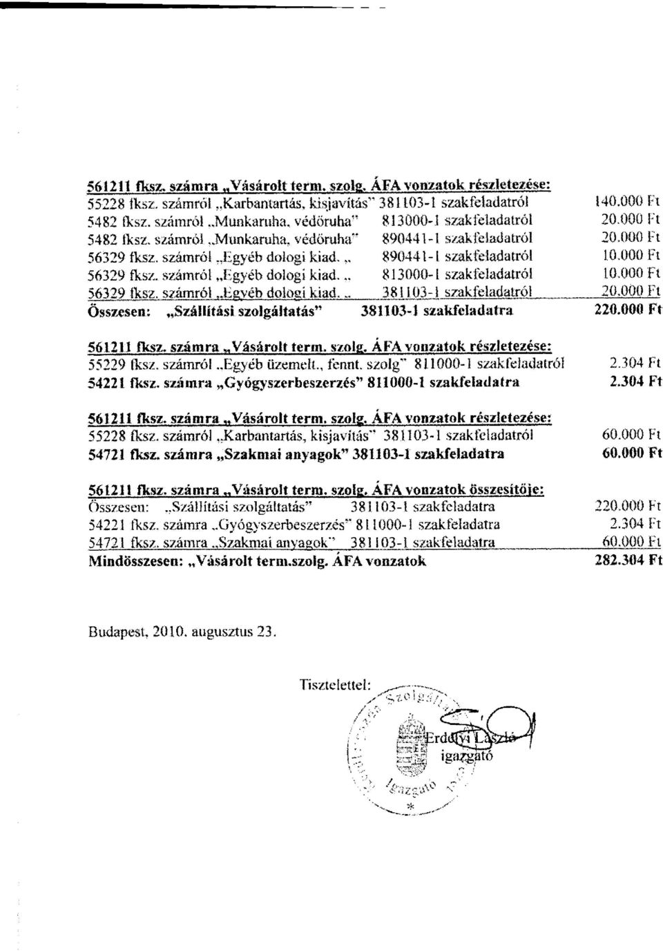 000 Ft 56329 fksz. számról Egyéb dologi kiad... 813000-1 szakfeladatról 10.000 Ft 56329 iksz, számról Egyéb dologi kiad.,. 381103-1 szakfeladatról 20.