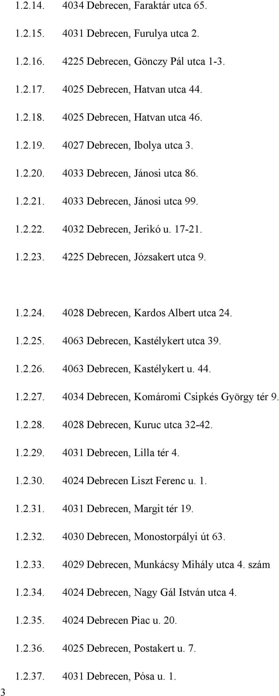 4225 Debrecen, Józsakert utca 9. 1.2.24. 4028 Debrecen, Kardos Albert utca 24. 1.2.25. 4063 Debrecen, Kastélykert utca 39. 1.2.26. 4063 Debrecen, Kastélykert u. 44. 1.2.27.