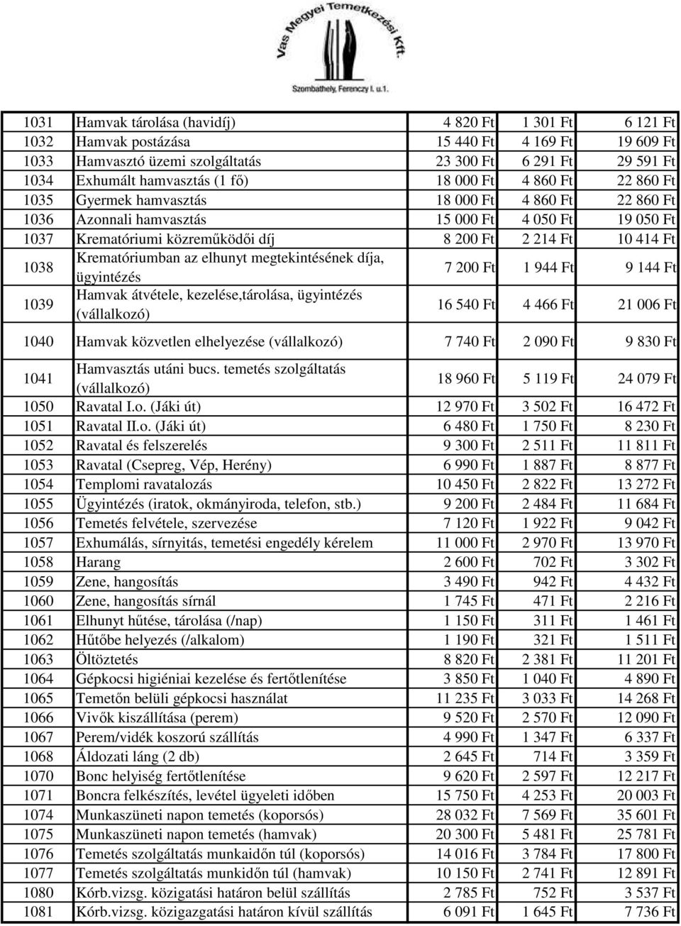 Ft 1038 Krematóriumban az elhunyt megtekintésének díja, ügyintézés 7 200 Ft 1 944 Ft 9 144 Ft 1039 Hamvak átvétele, kezelése,tárolása, ügyintézés (vállalkozó) 16 540 Ft 4 466 Ft 21 006 Ft 1040 Hamvak