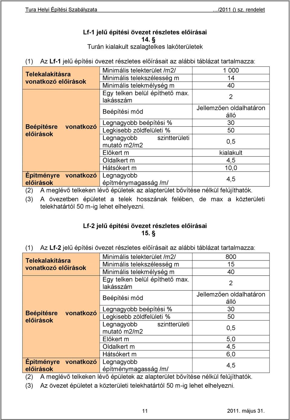 telekszélesség m 14 vonatkozó Minimális telekmélység m 40 Egy telken belül építhető max.