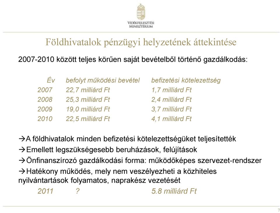 milliárd Ft A földhivatalok minden befizetési kötelezettségüket teljesítették Emellett legszükségesebb beruházások, felújítások Önfinanszírozó gazdálkodási