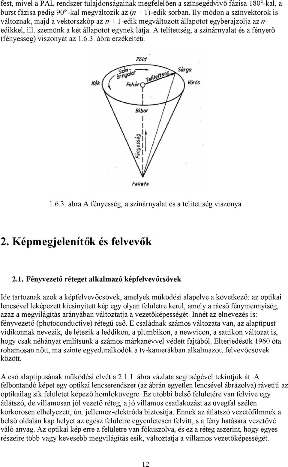 A telítettség, a színárnyalat és a fényerő (fényesség) viszonyát az 1.