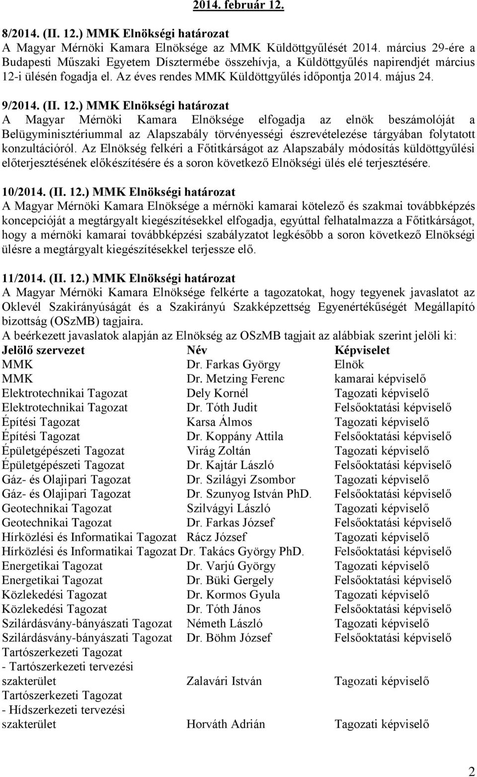 12.) MMK Elnökségi határozat A Magyar Mérnöki Kamara Elnöksége elfogadja az elnök beszámolóját a Belügyminisztériummal az Alapszabály törvényességi észrevételezése tárgyában folytatott konzultációról.