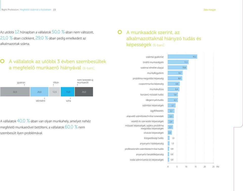 szakmai elmélet alapjai 11,5 10,6 16,2 munkafegyelem 8,2 gyakran ritkán nem kerestek új munkaerőt probléma megoldási képesség csoportmunka képesség 6,6 8,0 32,5 20,0 12,5 15,0 20,0 munkakultúra