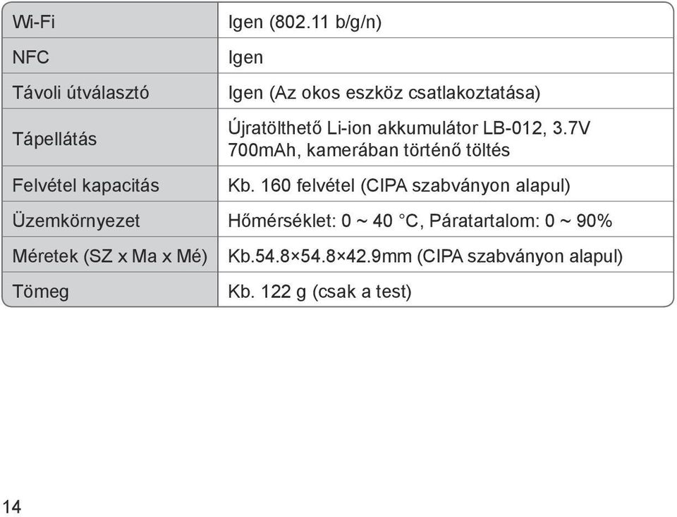 7V 700mAh, kamerában történő töltés Kb.