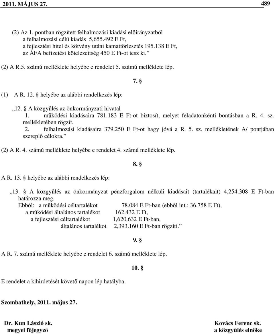 mőködési kiadásaira 781.183 E Ft-ot biztosít, melyet feladatonkénti bontásban a R. 4. sz. mellékletében rögzít. 2. felhalmozási kiadásaira 379.250 E Ft-ot hagy jóvá a R. 5. sz. mellékletének A/ pontjában szereplı célokra.