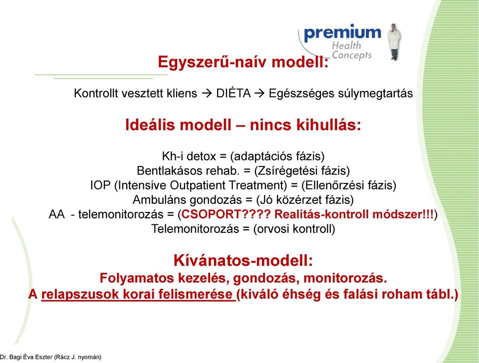 = (Zsírégetési fázis) IOP (Intensive Outpatient Treatment) = (Ellenőrzési fázis) Ambuláns gondozás = (Jó közérzet fázis) AA -