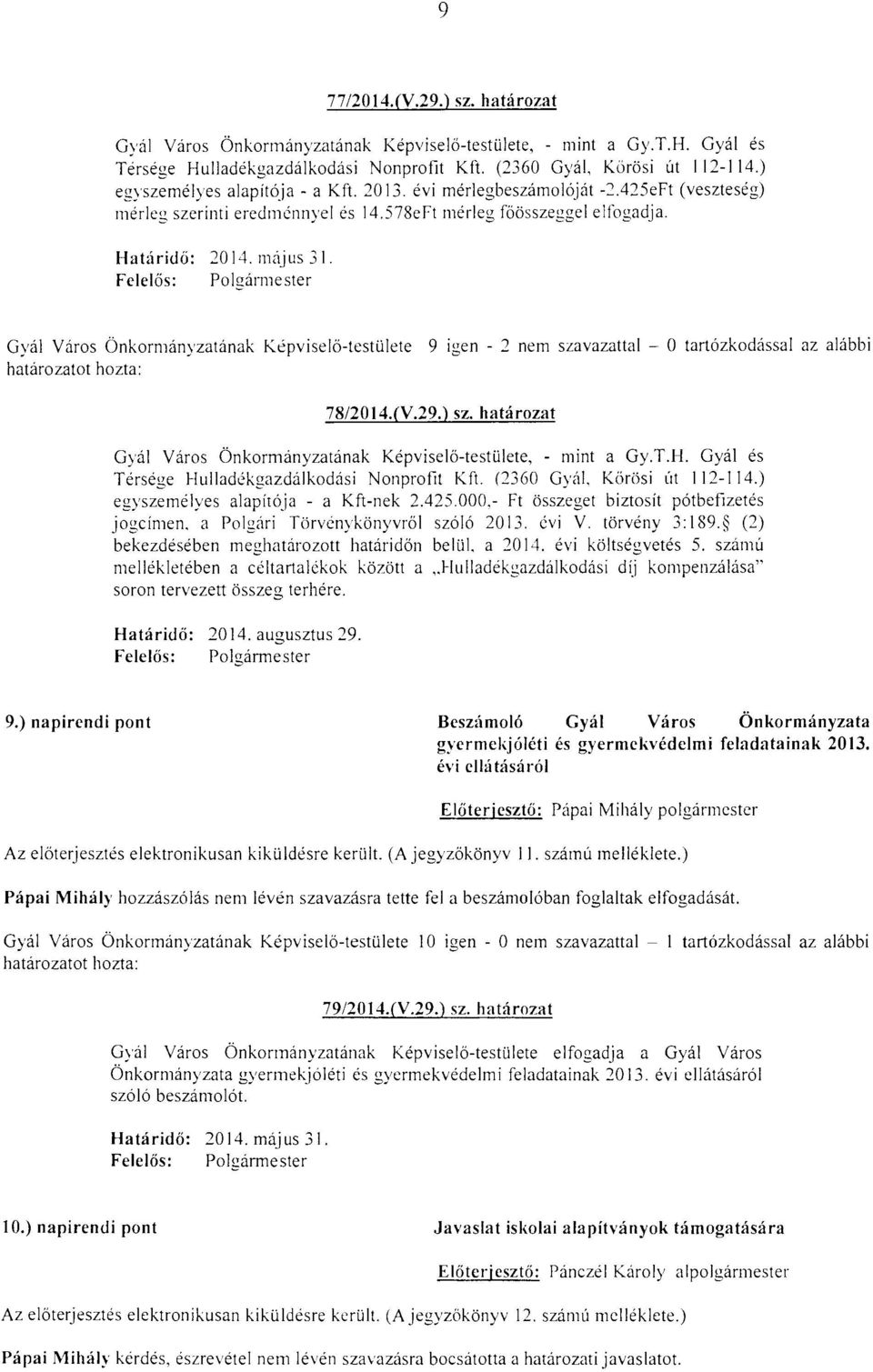 ) sz. határozat, - mint a Gy.T.H. Gyál és Térsége Hulladékgazdálkodási Nonprofit Kft. (2360 GyáL Körösi út 112-114.) egyszemélyes alapítója - a Kft-nek 2.425.000.