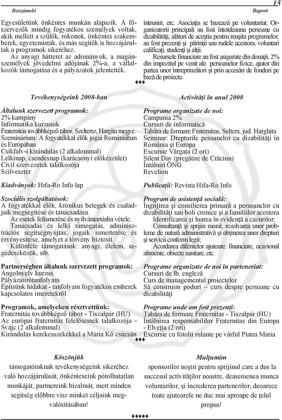 Az anyagi hátteret az adományok, a magánszemélyek jövedelmi adójának 2%-a, a vállalkozók támogatása és a pályázatok jelentették. Raport 15 întruniri, etc. Asociaţia se bazează pe voluntariat.