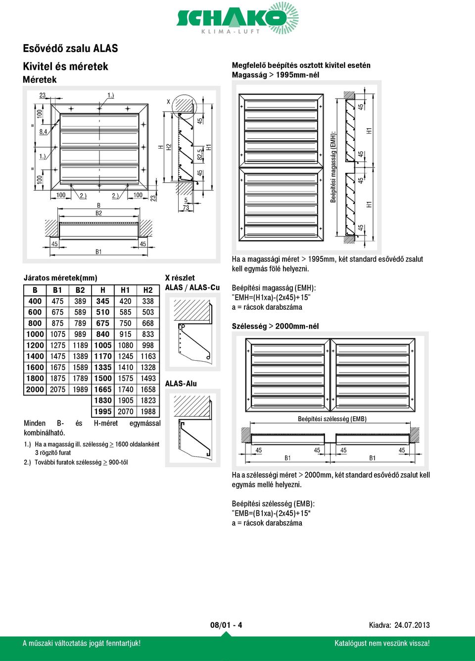 2000 2075 1989 1665 1740 1658 ALAS-Alu 1830 1905 1823 1995 2070 1988 Minden B- és H-méret egymással kombinálható. 1.) Ha a magasság ill. szélesség > 1600 oldalanként 3 rögzítő furat 2.