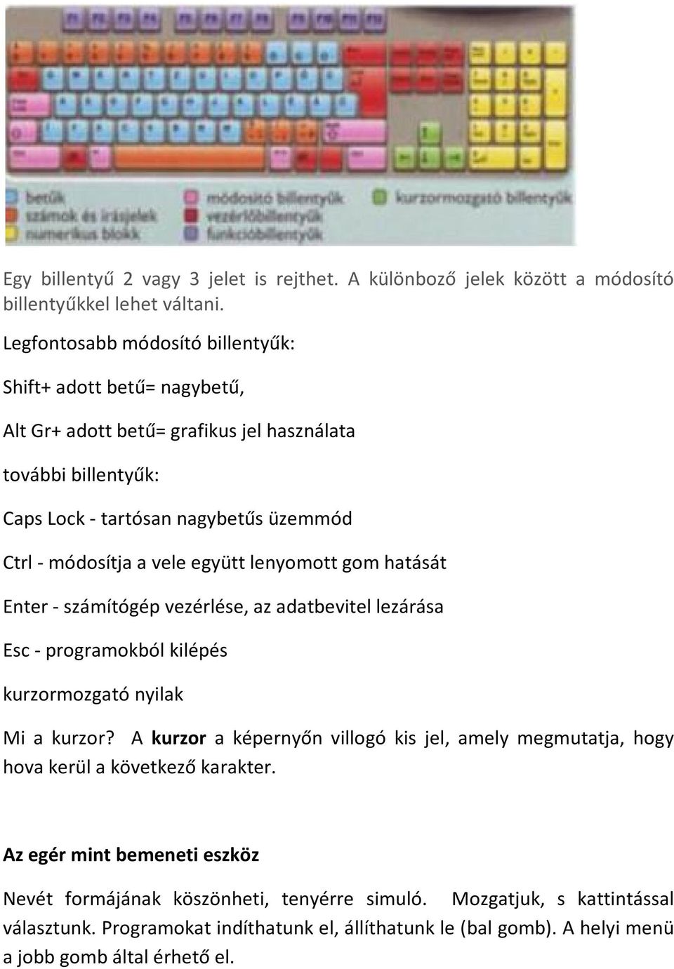 vele együtt lenyomott gom hatását Enter - számítógép vezérlése, az adatbevitel lezárása Esc - programokból kilépés kurzormozgató nyilak Mi a kurzor?