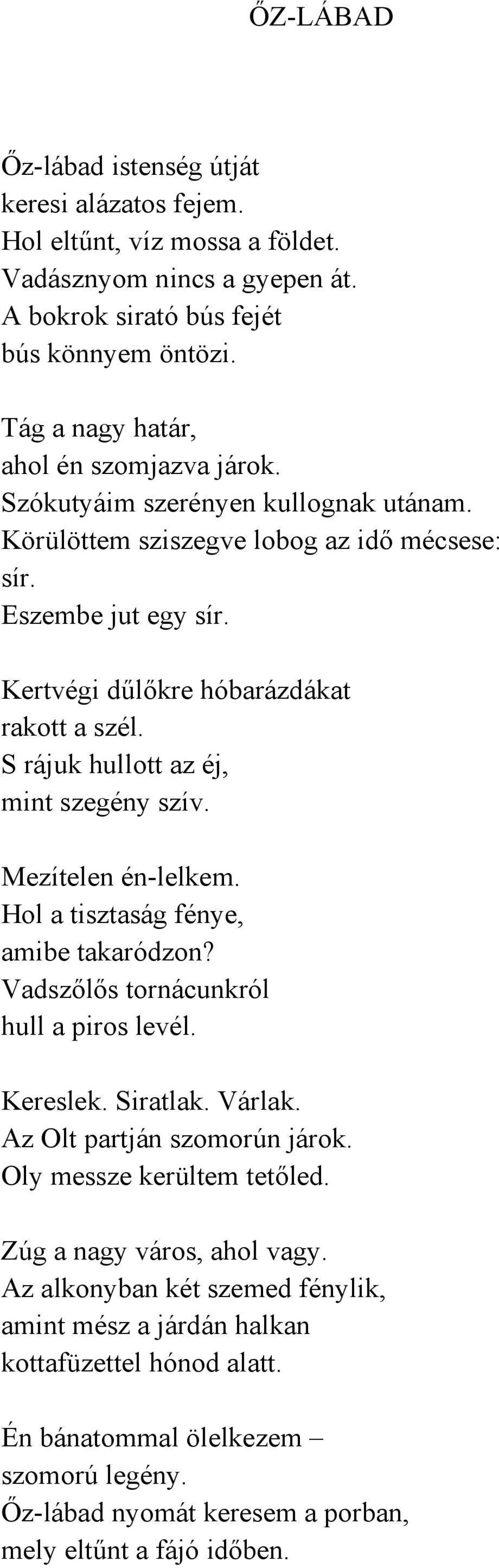 S rájuk hullott az éj, mint szegény szív. Mezítelen én-lelkem. Hol a tisztaság fénye, amibe takaródzon? Vadszőlős tornácunkról hull a piros levél. Kereslek. Siratlak. Várlak.