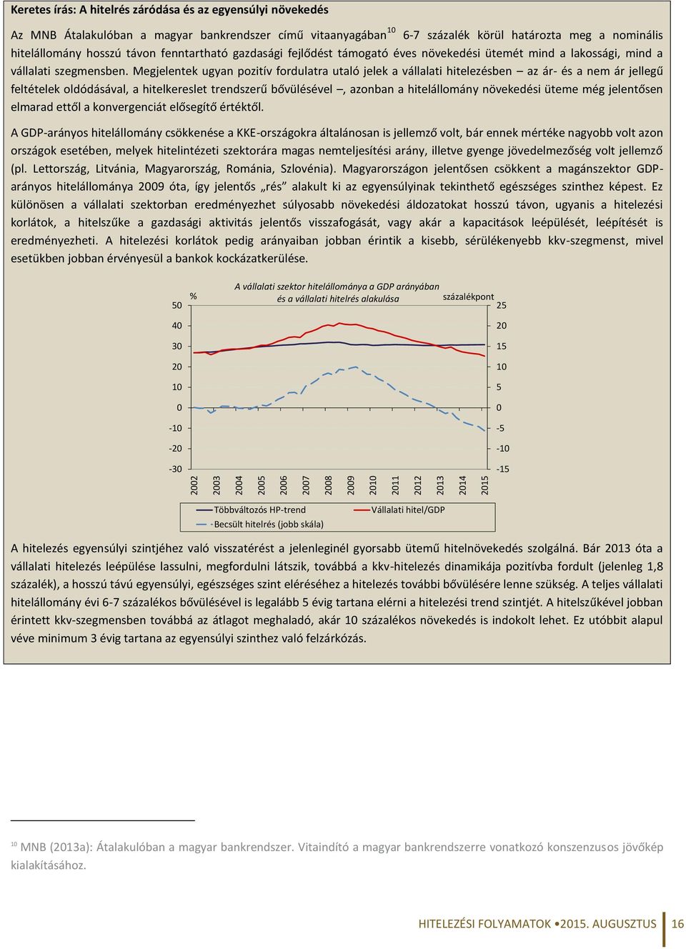 Megjelentek ugyan pozitív fordulatra utaló jelek a vállalati hitelezésben az ár- és a nem ár jellegű feltételek oldódásával, a hitelkereslet trendszerű bővülésével, azonban a hitelállomány növekedési