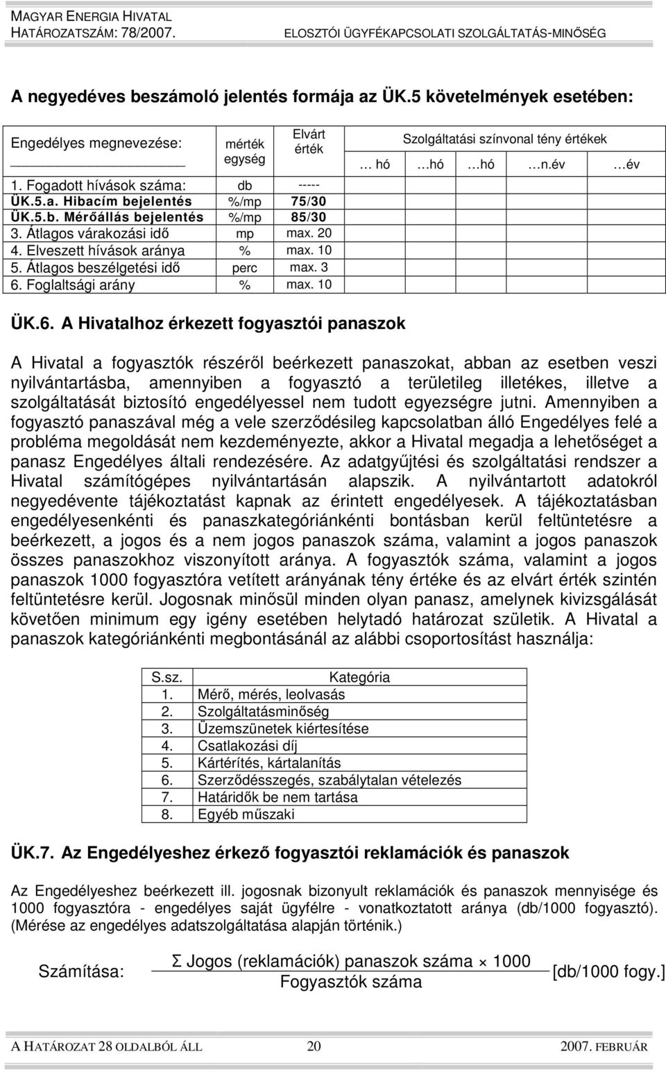 10 Szolgáltatási színvonal tény értékek hó hó hó n.év év ÜK.6.