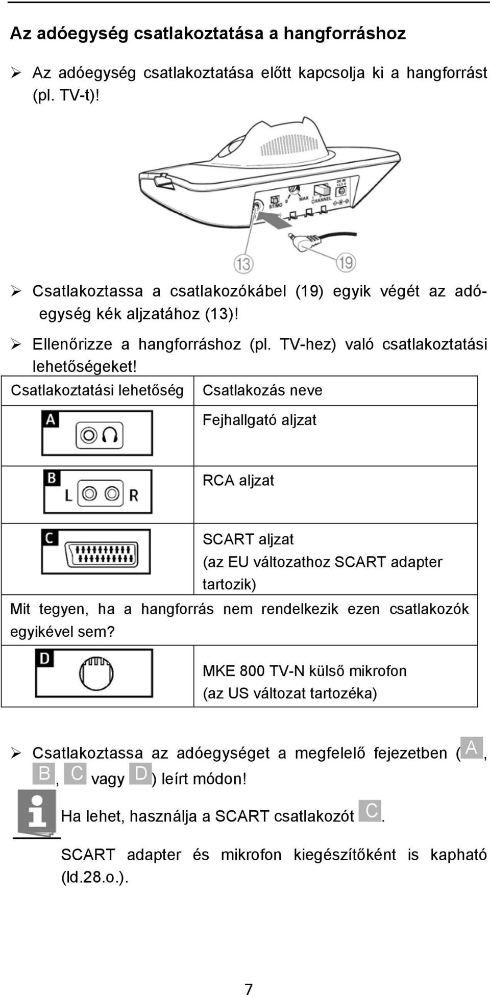 Csatlakoztatási lehetőség Csatlakozás neve Fejhallgató aljzat RCA aljzat SCART aljzat (az EU változathoz SCART adapter tartozik) Mit tegyen, ha a hangforrás nem rendelkezik ezen