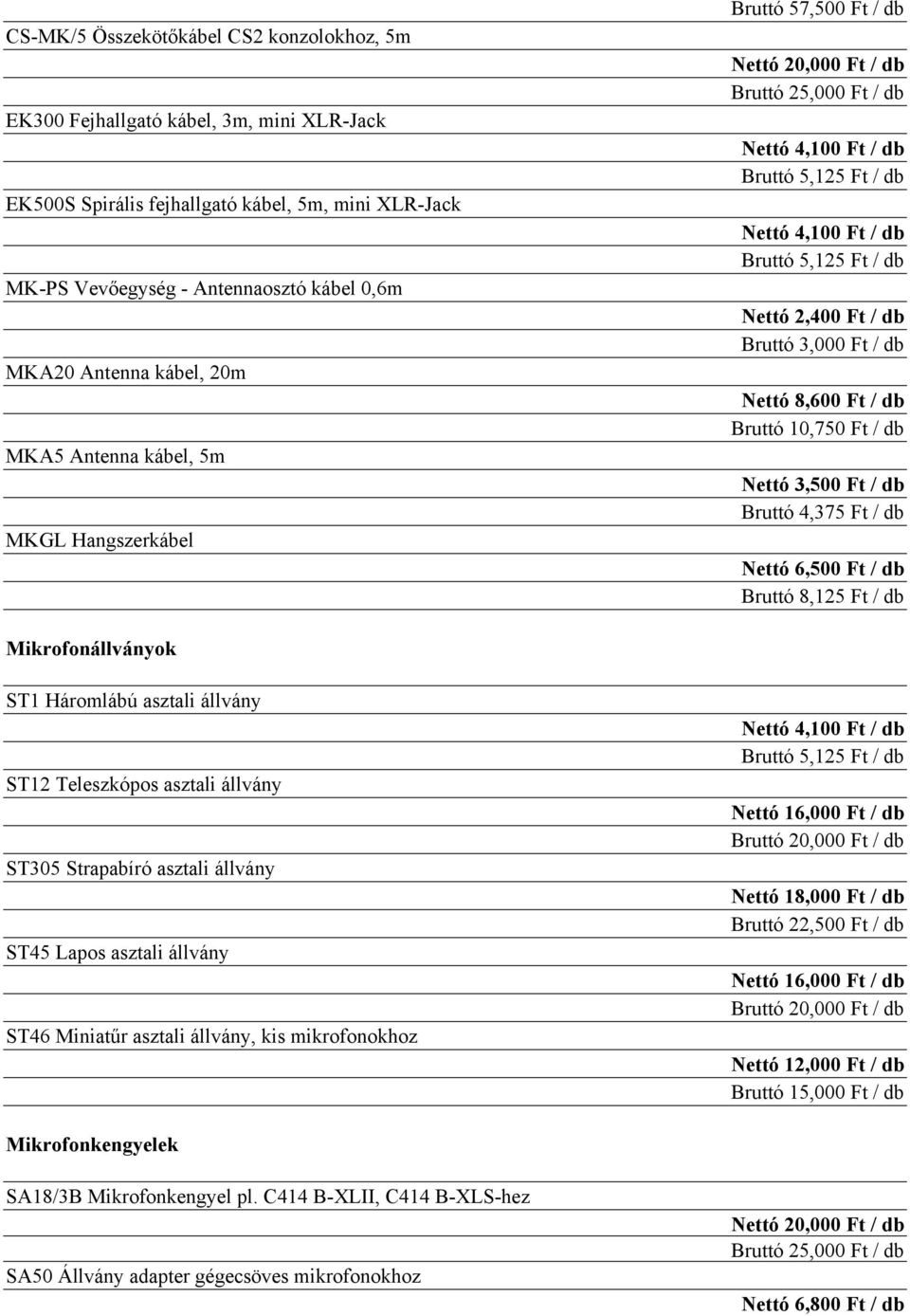 Nettó 2,400 Ft / db Bruttó 3,000 Ft / db Nettó 8,600 Ft / db Bruttó 10,750 Ft / db Nettó 3,500 Ft / db Bruttó 4,375 Ft / db Nettó 6,500 Ft / db Bruttó 8,125 Ft / db Mikrofonállványok ST1 Háromlábú