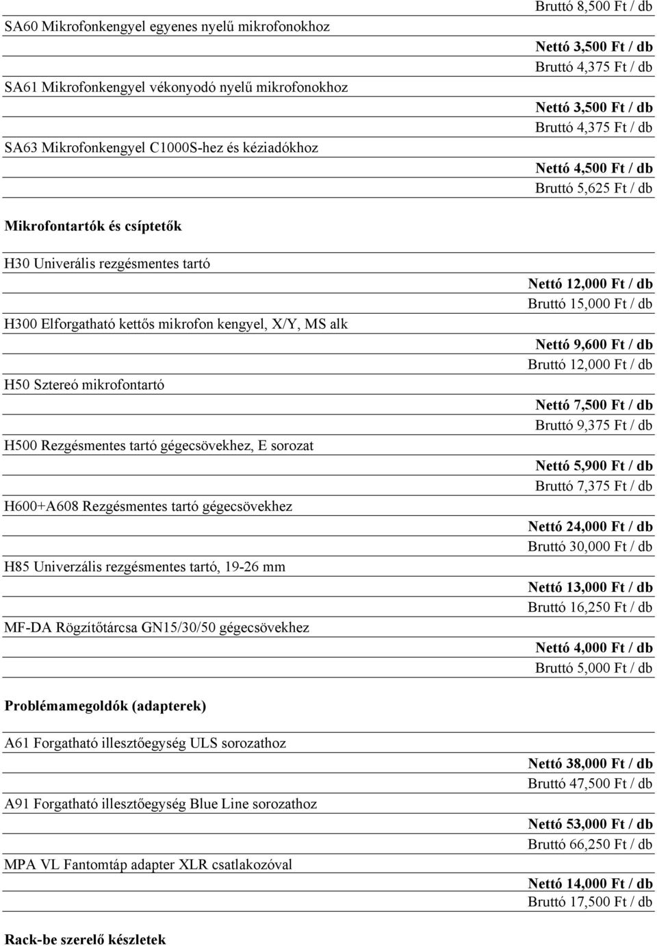 kengyel, X/Y, MS alk H50 Sztereó mikrofontartó H500 Rezgésmentes tartó gégecsövekhez, E sorozat H600+A608 Rezgésmentes tartó gégecsövekhez H85 Univerzális rezgésmentes tartó, 19-26 mm MF-DA