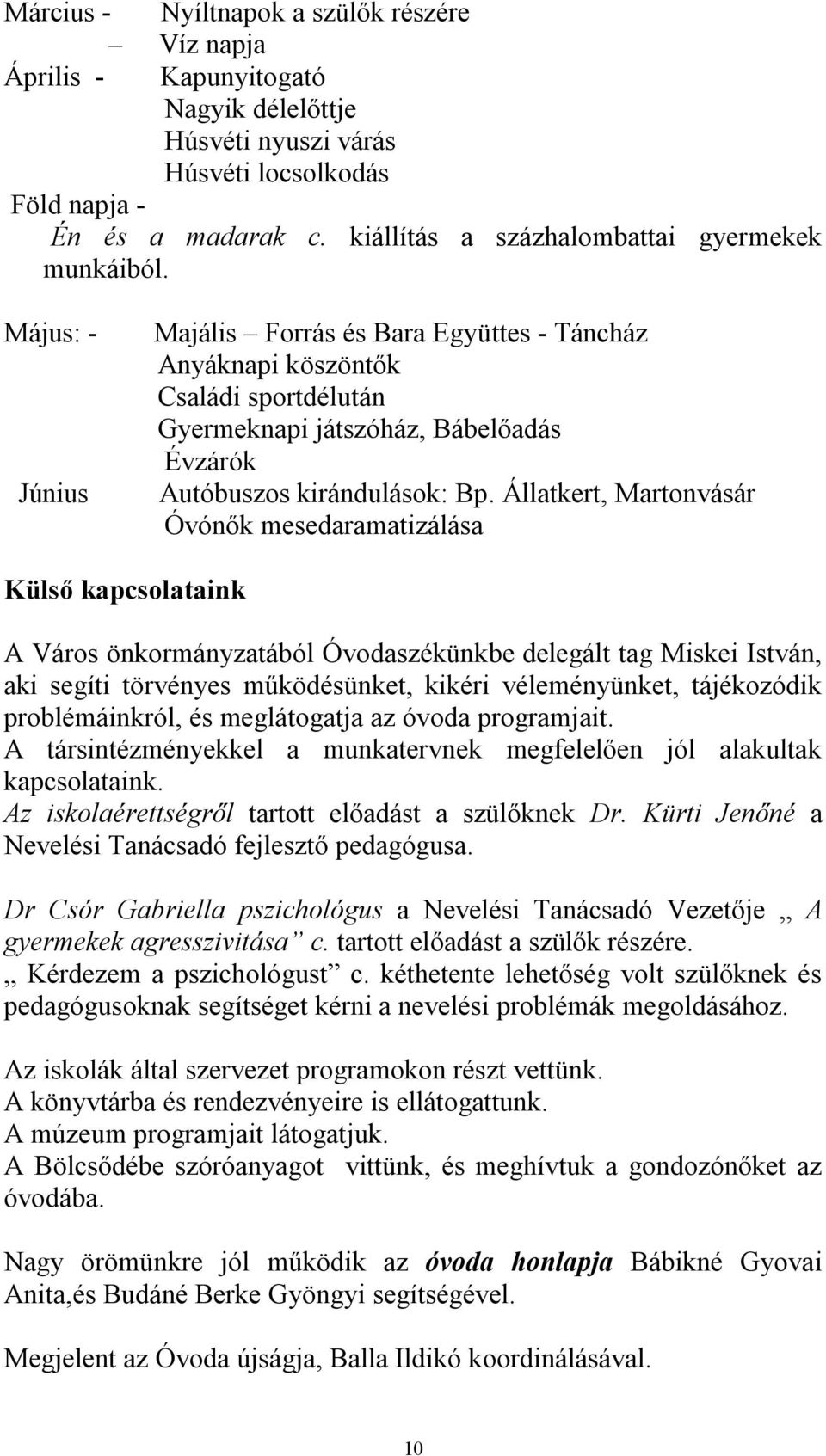 Május: - Június Majális Forrás és Bara Együttes - Táncház Anyáknapi köszöntők Családi sportdélután Gyermeknapi játszóház, Bábelőadás Évzárók Autóbuszos kirándulások: Bp.