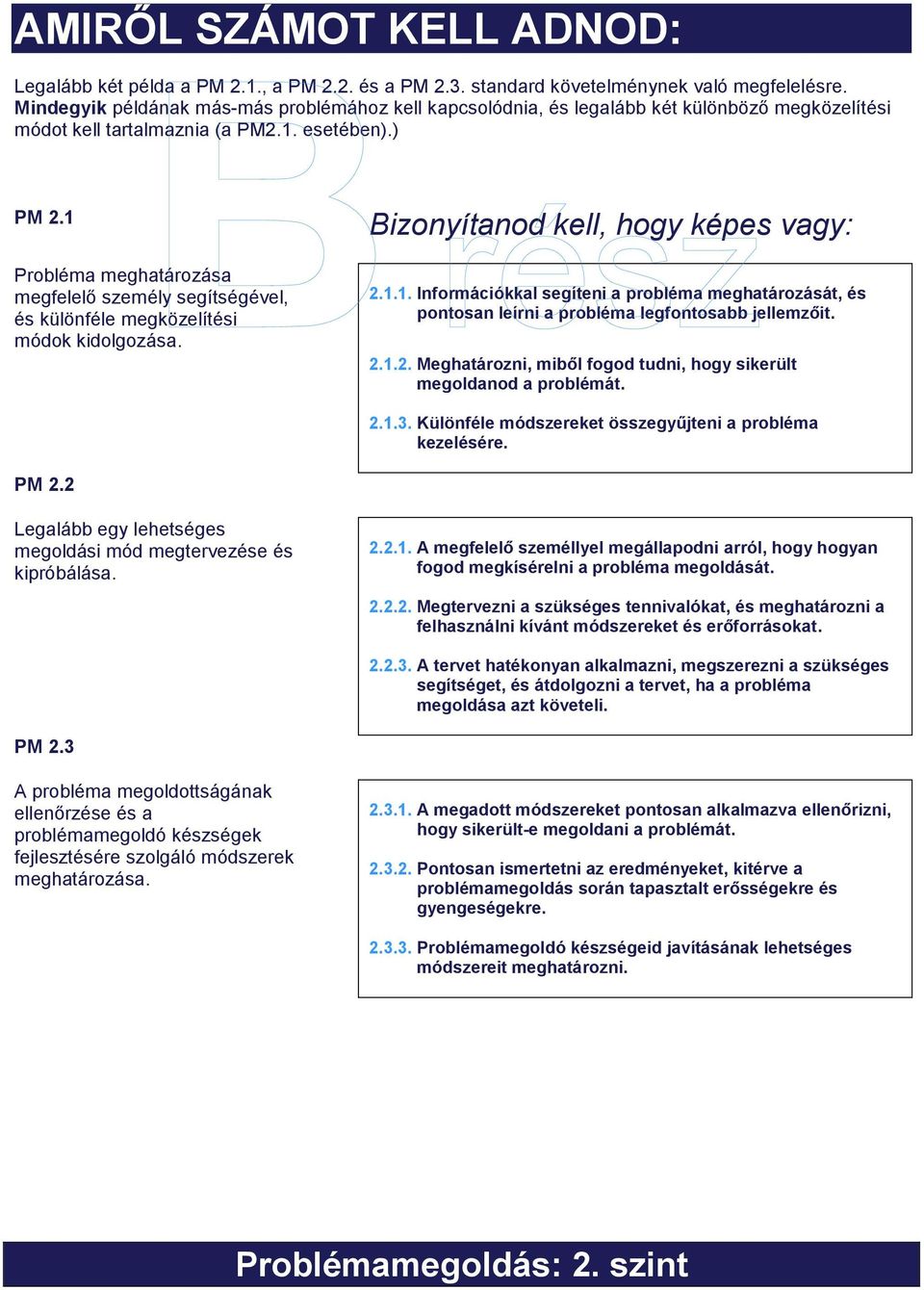 1 Probléma meghatározása megfelelő személy segítségével, és különféle megközelítési módok kidolgozása. Bizonyítanod kell, hogy képes vagy: 2.1.1. Információkkal segíteni a probléma meghatározását, és pontosan leírni a probléma legfontosabb jellemzőit.