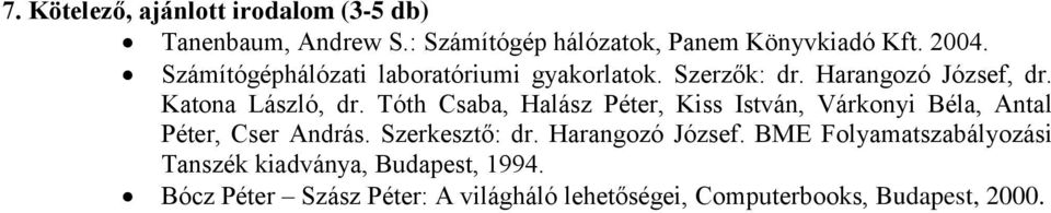 Tóth Csaba, Halász Péter, Kiss István, Várkonyi Béla, Antal Péter, Cser András. Szerkesztő: dr.